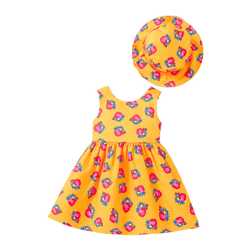 Design Summer Baby Kids Girls Sleeveless Flowers Pattern Dress with Hat