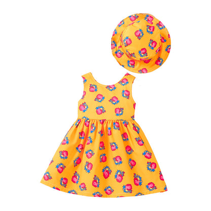 Design Summer Baby Kids Girls Sleeveless Flowers Pattern Dress with Hat