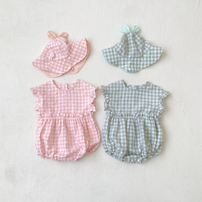 Summer Baby Kids Sleeveless Plaid Pattern Onesies and Hat Casual Clothing Set for Girls, MyKids-USA®, Baby & Toddler Outfits, MyKids-USA -  -  -  -  -  -  - 