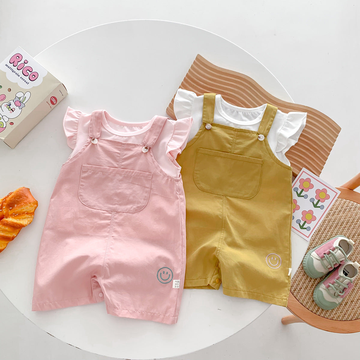 Summer Baby Kids Solid Color T-Shirt And Simple Embroidery Overalls Clothing Set