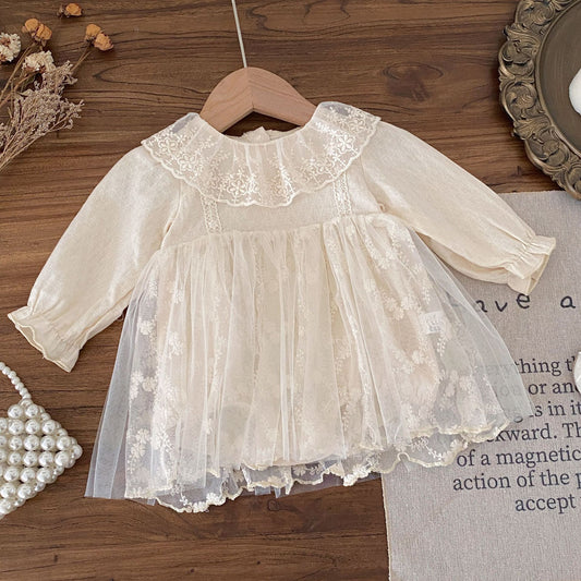 Autumn and Spring Arrival Baby Kids Girls Long Sleeves Flowers Pattern Tulle Decorated Dress