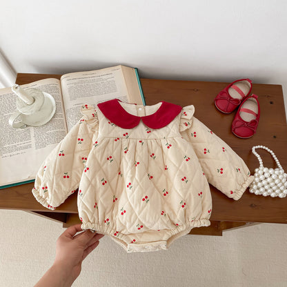 Newborn Baby Girls Cherry Pattern Long Sleeves Peter Pan Collar Cotton-Padded Onesie