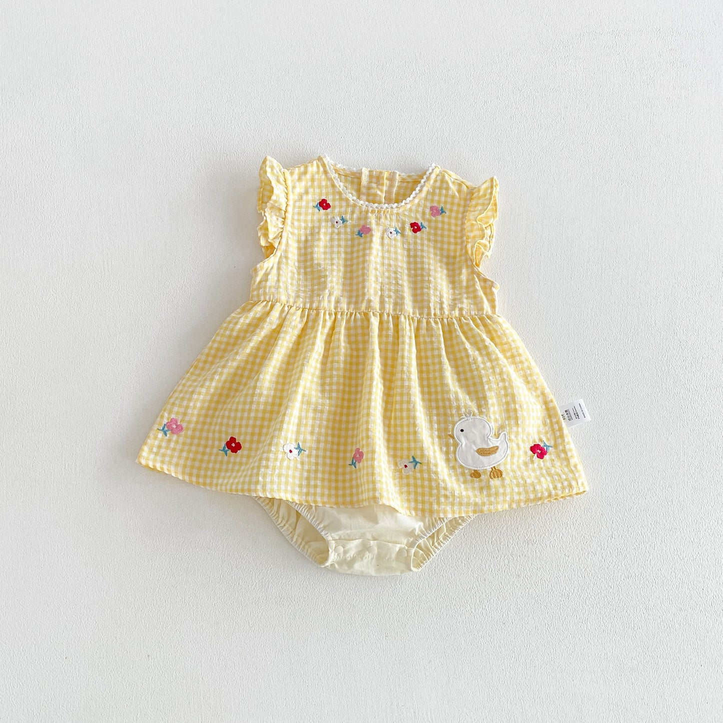 Design Summer Baby Kids Girls Fly Sleeves Plaid and Cartoon Pattern Bodysuit Dress