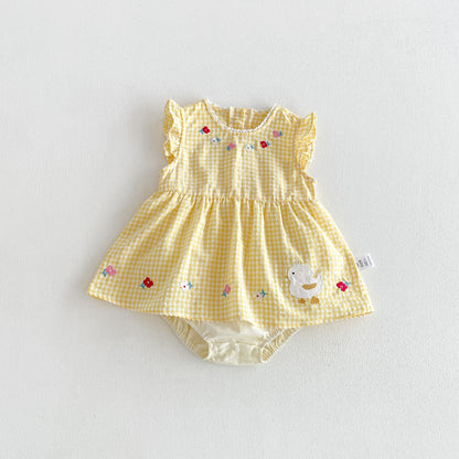 Design Summer Baby Kids Girls Fly Sleeves Plaid and Cartoon Pattern Bodysuit Dress