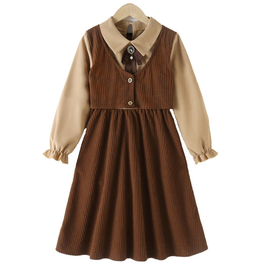 Preppy Corduroy Long Sleeves Turndown Collar Thin Dress, MyKids-USA®, Baby & Toddler Dresses, MyKids-USA - Size/Age - 120 (5-7Y) - Color - Brown -  -  - TR2311140906-A