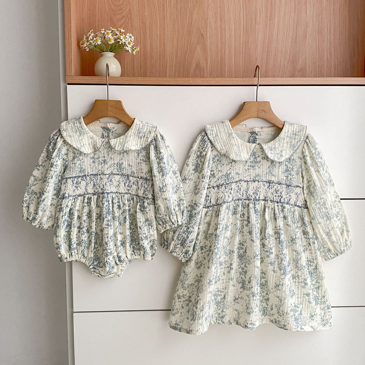 MyKids-USA® Autumn Baby Girls Peter Pan Collar Long-sleeved Floral Bodysuit and Dress – Princess Sister Matching Set