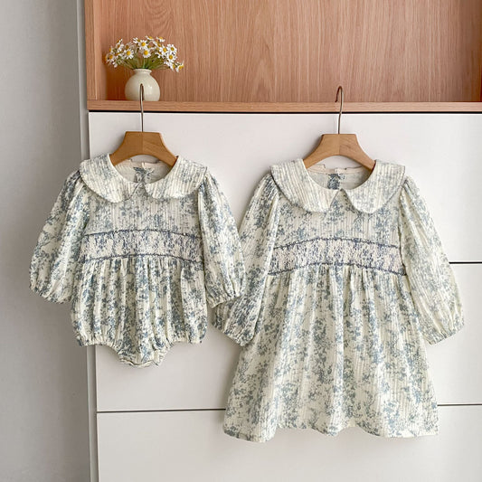 MyKids-USA® Baby Girls Peter Pan Collar Long-sleeved Floral Bodysuit and Dress – Princess Sister Matching Set