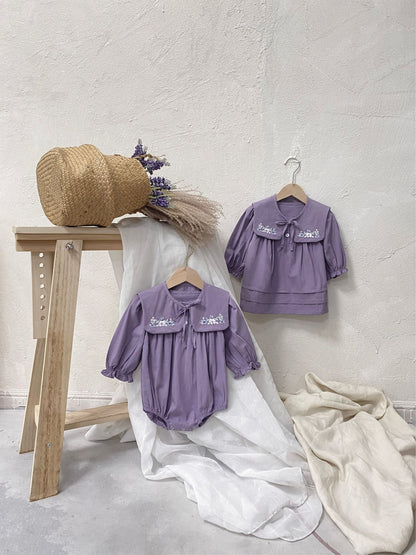 MyKids-USA® Autumn Baby Girls Purple Long-sleeved Bodysuit and Dress with Embroidered Capelet Shawl – Princess Sister Matching Set