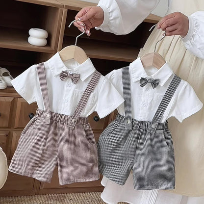 Summer Baby Kids Boys Short Sleeves Plain Shirt and Plaid Pattern Overalls Clothing Set, MyKids-USA®, Baby & Children's Outfits, MyKids-USA -  -  -  -  -  -  - .