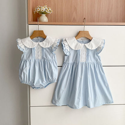 Summer Girls Simple Embroidered Pattern Peter Pan Collar Onesies and Dress – Princess Sister Matching Set, MyKids-USA®, Baby & Toddler Outfits, MyKids-USA -  -  -  -  -  -  - .