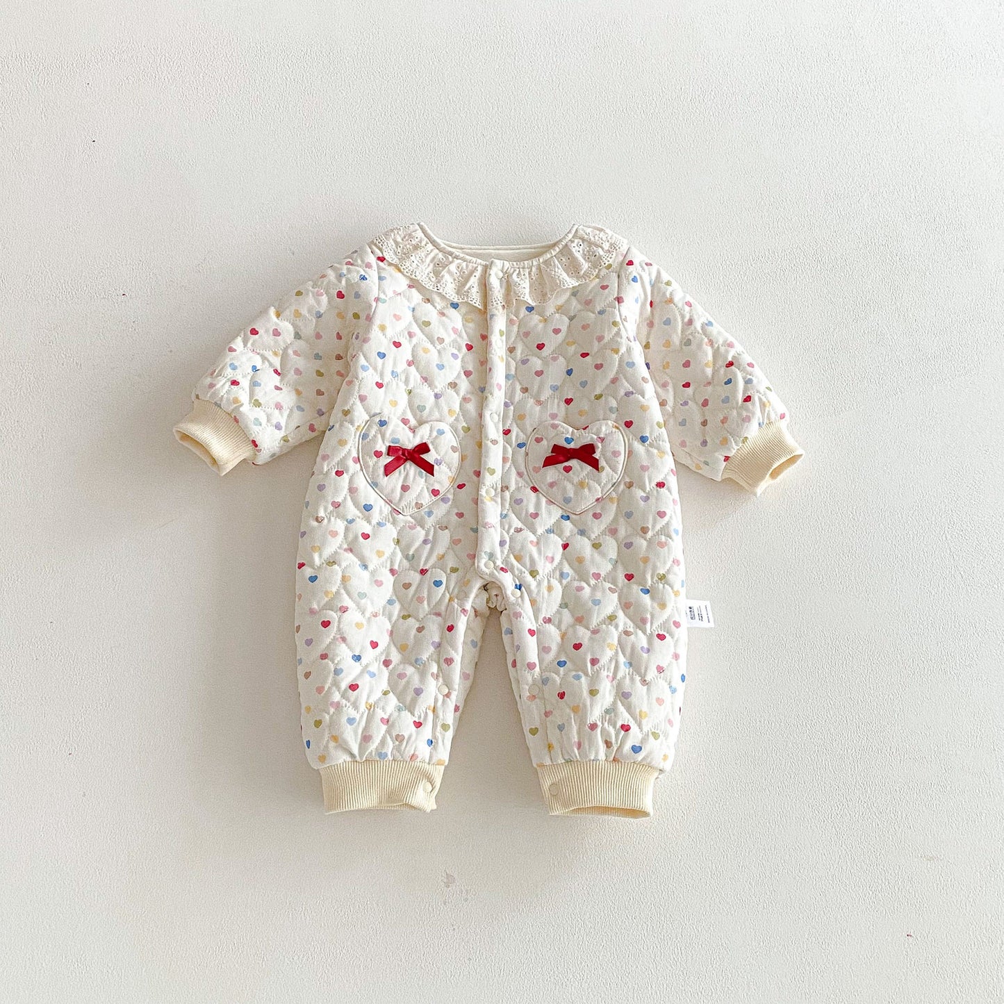 Winter Arrival Baby Girls Long Sleeves Hearts Pattern Fleece-Lined Rompers