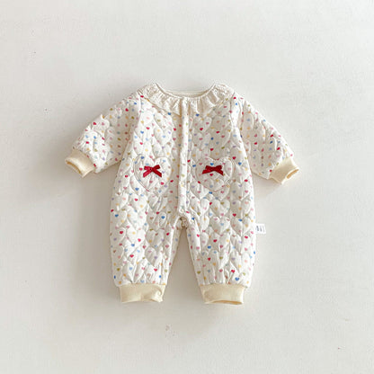 Winter Arrival Baby Girls Long Sleeves Hearts Pattern Fleece-Lined Rompers