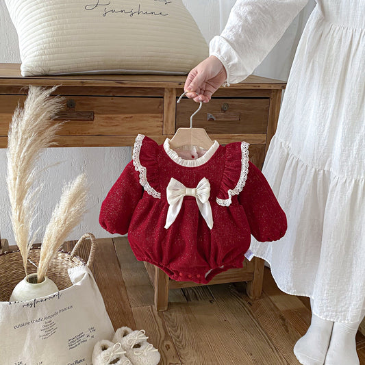 Autumn and Winter Arrival Baby Girls Long Sleeves Butterfly-bow Decorated Bodysuit, MyKids-USA®, Baby One-Pieces, MyKids-USA - Size/Age - 66 (3-6M) - Color - Red -  -  - TR2512101706-A.