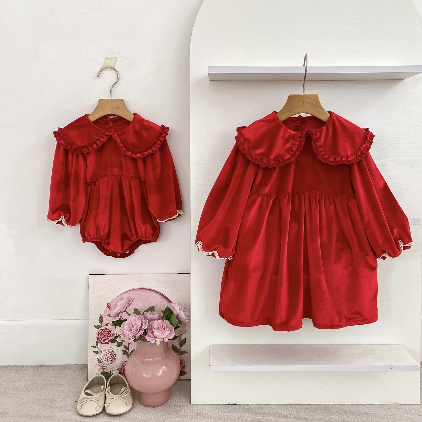 Autumn Baby Girls Plain Lace Trim Long-sleeved Peter Pan Collar Bodysuit and Dress – Princess Sister Matching Set