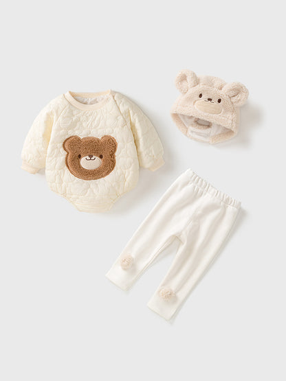 Baby Teddy Bear Cartoon Knitted Onesie With Hat&Fluffy Ball Pants Clothing Set