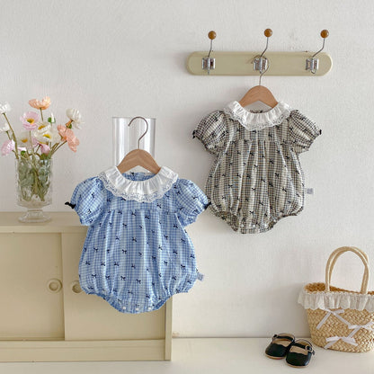 Summer Arrival Baby Girls Short Sleeves Plaid Pattern Vintage Bodysuit, MyKids-USA®, Baby One-Pieces, MyKids-USA -  -  -  -  -  -  - .