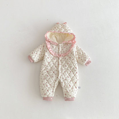 Winter Arrival Baby Girls Long Sleeves Floral Pattern Fleece-Lined Hooded Rompers, MyKids-USA®, Baby One-Pieces, MyKids-USA - Size/Age - 66 (3-6M) - Color - Beige -  -  - TR2512132131-A.