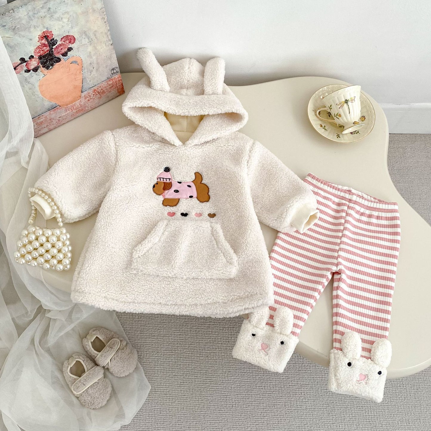 Winter Baby Kids Girls Long Sleeves Cartoon Pattern Fluffy Hoodies and Striped Pants Clothing Set, MyKids-USA®, Baby & Toddler Outfits, MyKids-USA - Size/Age - 73 (6-9M) - Color - Beige -  -  - TR2512011846-A
