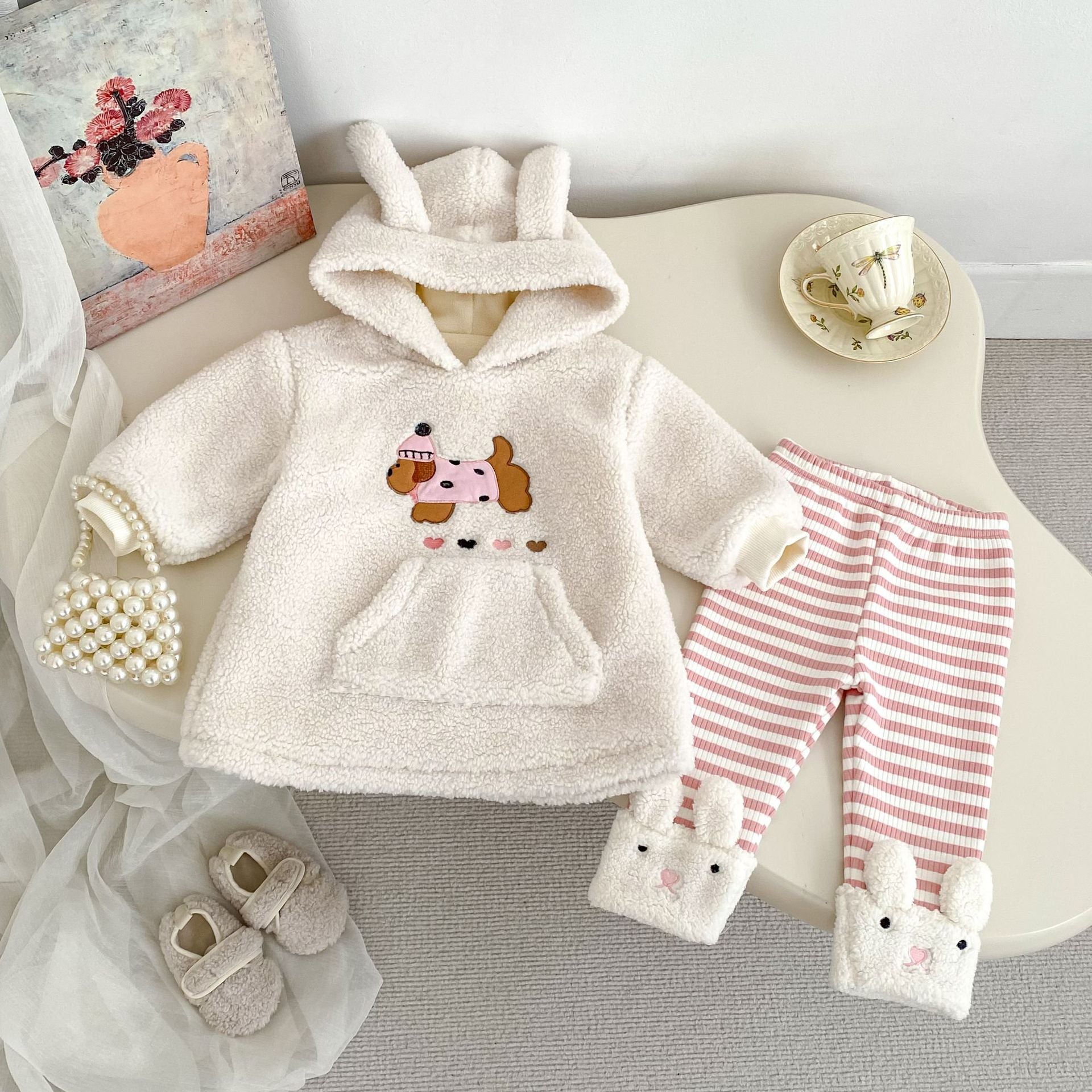 Winter Baby Kids Girls Long Sleeves Cartoon Pattern Fluffy Hoodies and Striped Pants Clothing Set, MyKids-USA®, Baby & Toddler Outfits, MyKids-USA - Size/Age - 73 (6-9M) - Color - Beige -  -  - TR2512011846-A