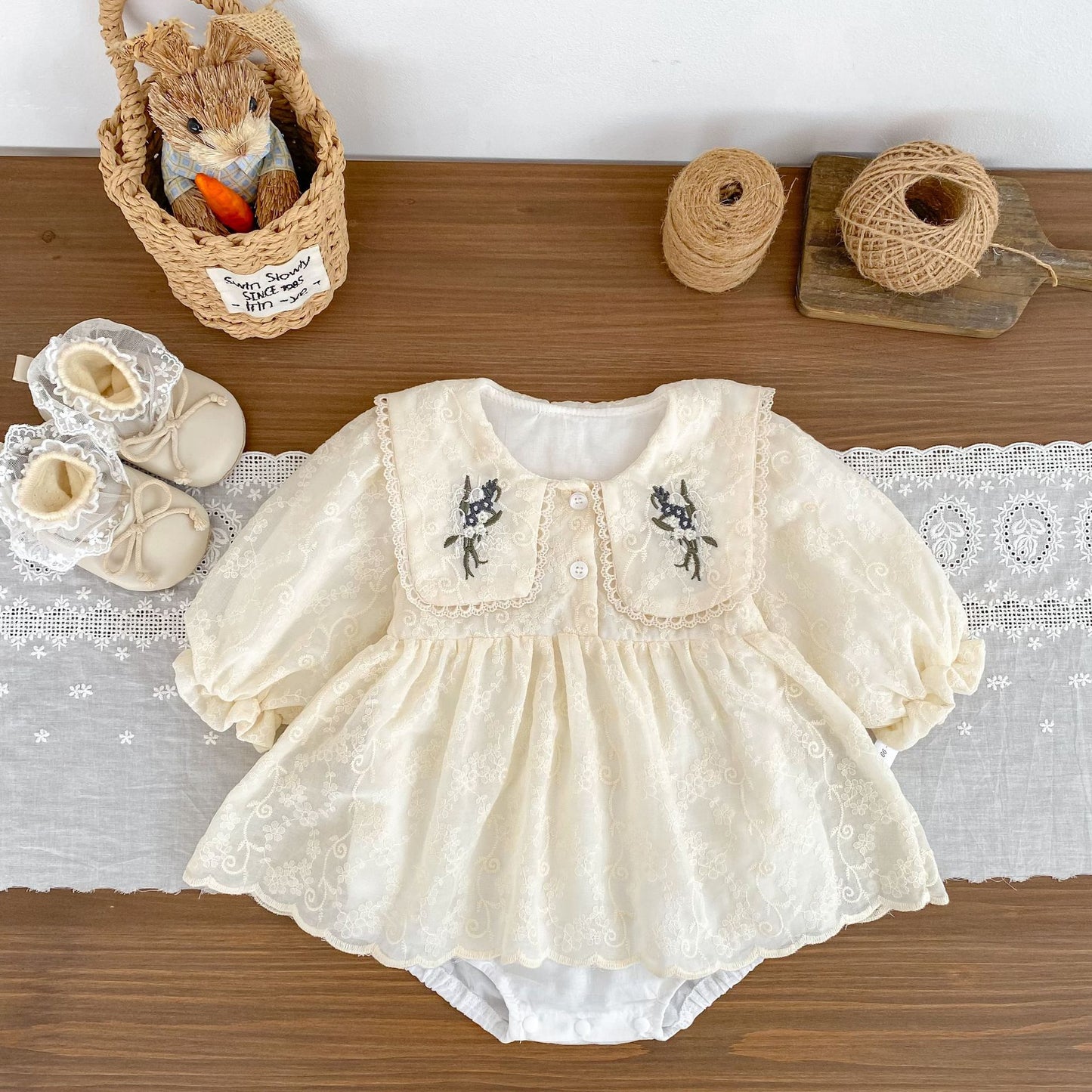 MyKids-USA® Autumn Flowers Pattern Embroidered Baby Kids Girls Princess Long Sleeves Bodysuit Dress