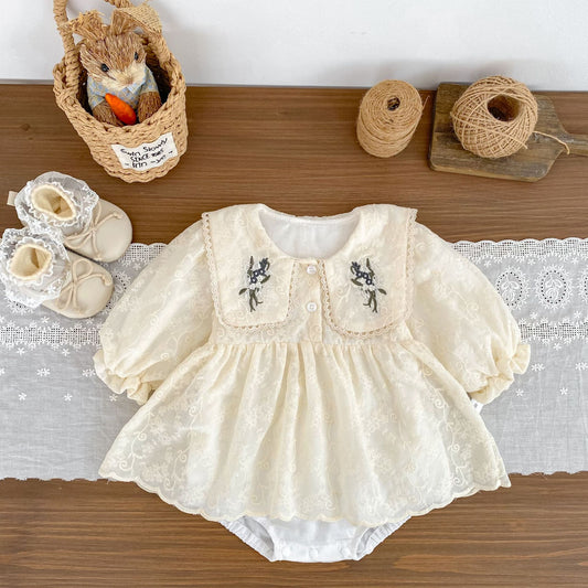 MyKids-USA® Autumn Flowers Pattern Embroidered Baby Kids Girls Princess Long Sleeves Bodysuit Dress