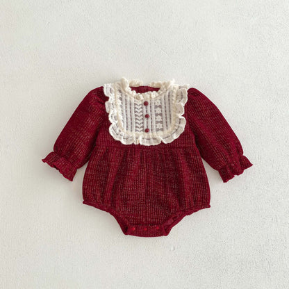 Ins Autumn&Winter Baby Girls Laces Round Collars Long Sleeve One Piece