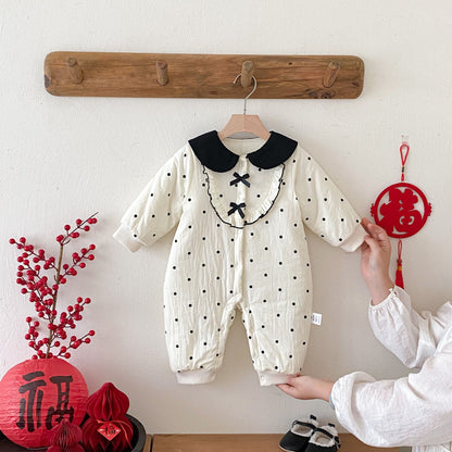 Winter Arrival Baby Girls Long Sleeves Dots Pattern Fleece-lined Warm Rompers, MyKids-USA®, Baby One-Pieces, MyKids-USA - Size/Age - 66 (3-6M) - Color - Beige -  -  - TR2511142320-A