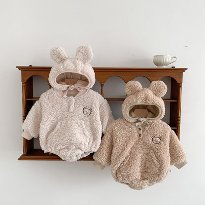 Winter and Autumn Arrival Baby Unisex Long Sleeves Cartoon Pattern Fluffy Onesies with Hat, MyKids-USA®, Bodysuits, MyKids-USA -  -  -  -  -  -  - 