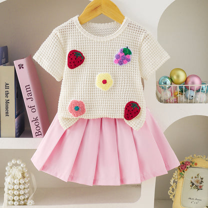 Arrival Summer Baby Kids Girls Short Sleeves Fruits Pattern T-shirt and Pink Skirt Clothing Set, MyKids-USA®, Baby & Children's Outfits, MyKids-USA - Size/Age - 73 (6-9M) - Color - Pink -  -  - TR2605212346-A.