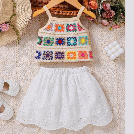 Summer Baby Kids Girls Sleeveless Embroidered Pattern Vest and White Skirt Set