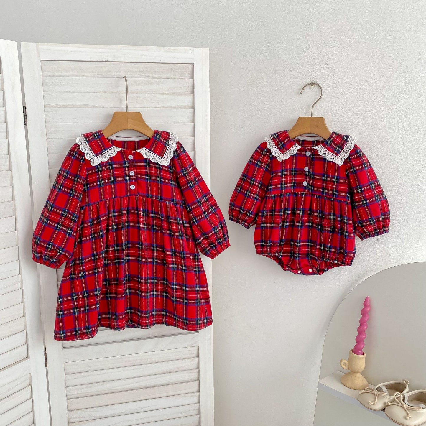 Autumn Baby Girls Plaid Pattern Long-sleeved Turn-down Collar Onesies and Dress – Princess Sister Matching Set