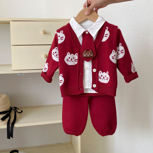 Winter and Autumn Baby Kids Girls Long Sleeves Solid Color Top Shirt, Knitted Pants and Cartoon Pattern Cardigan Clothing Set