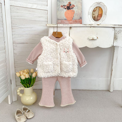 Winter and Autumn Baby Kids Girls Long Sleeves Solid Color Top, Flared Pants and Fluffy Sleeveless Vest Clothing Set, MyKids-USA®, Baby & Toddler Outfits, MyKids-USA - Size/Age - 73 (6-9M) - Color - Pink -  -  - TR2511282342-C