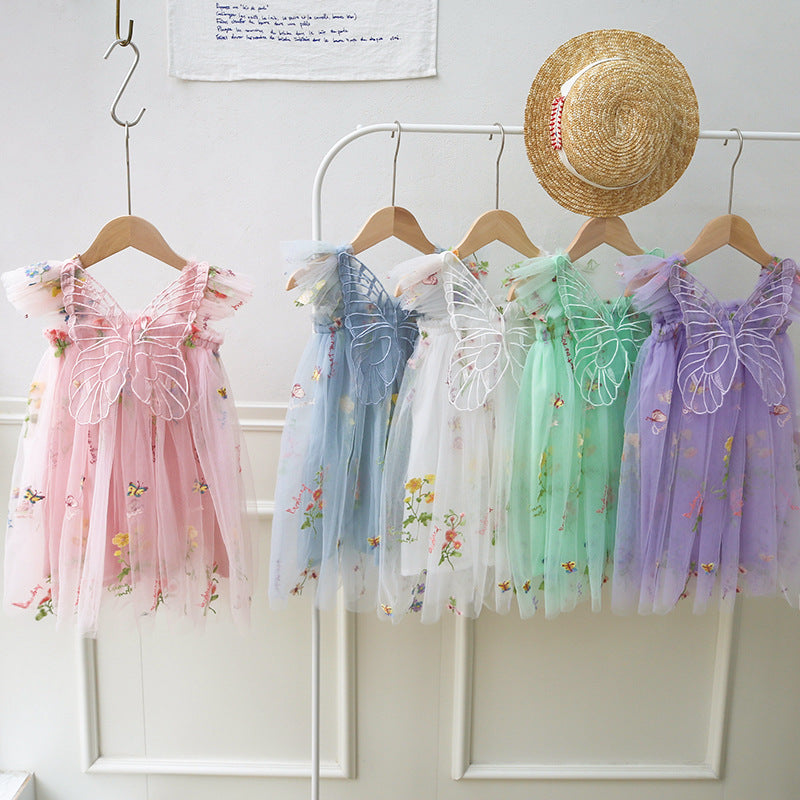 New Arrival Summer Baby Kids Girls Fly Sleeves Floral Pattern Mesh Butterfly Design Dress