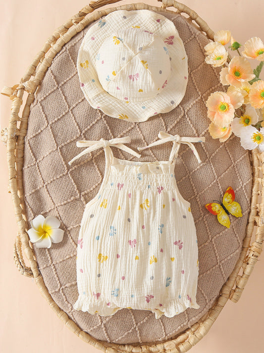 Design Summer Baby Kids Girls Sleeveless Hearts Pattern Bodysuit with Hat