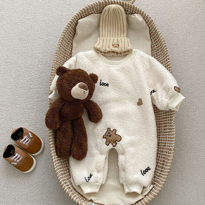 Infant Baby Little Bear Design Warm Thicken Long Sleeve Jumpsuit In Winter