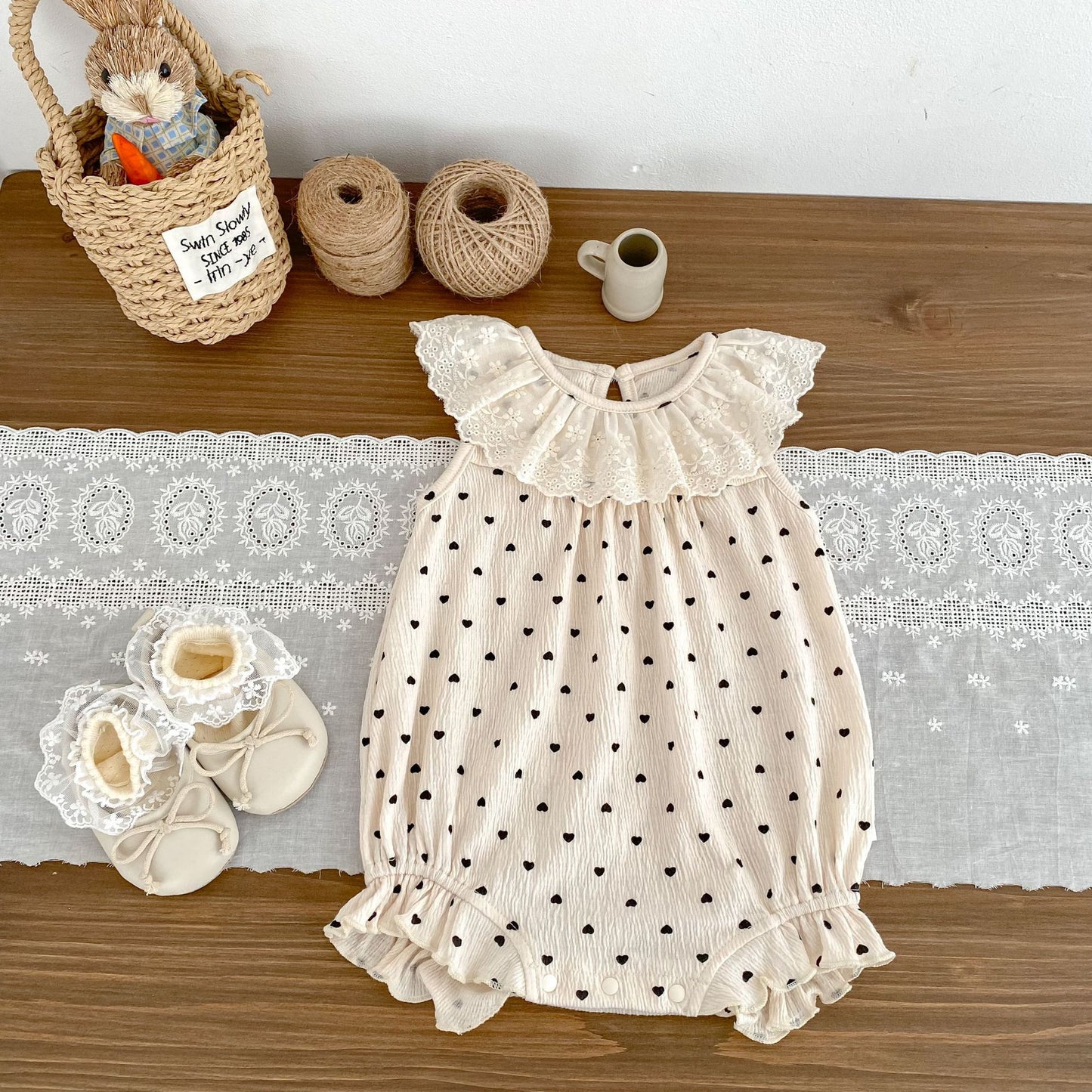 Summer Arrival Baby Girls Apricot Sleeveless Hearts Pattern Onesies with Embroidered Collar, MyKids-USA®, Baby One-Pieces, MyKids-USA - Size/Age - 66 (3-6M) - Color - Apricot -  -  - TR2505152218-A