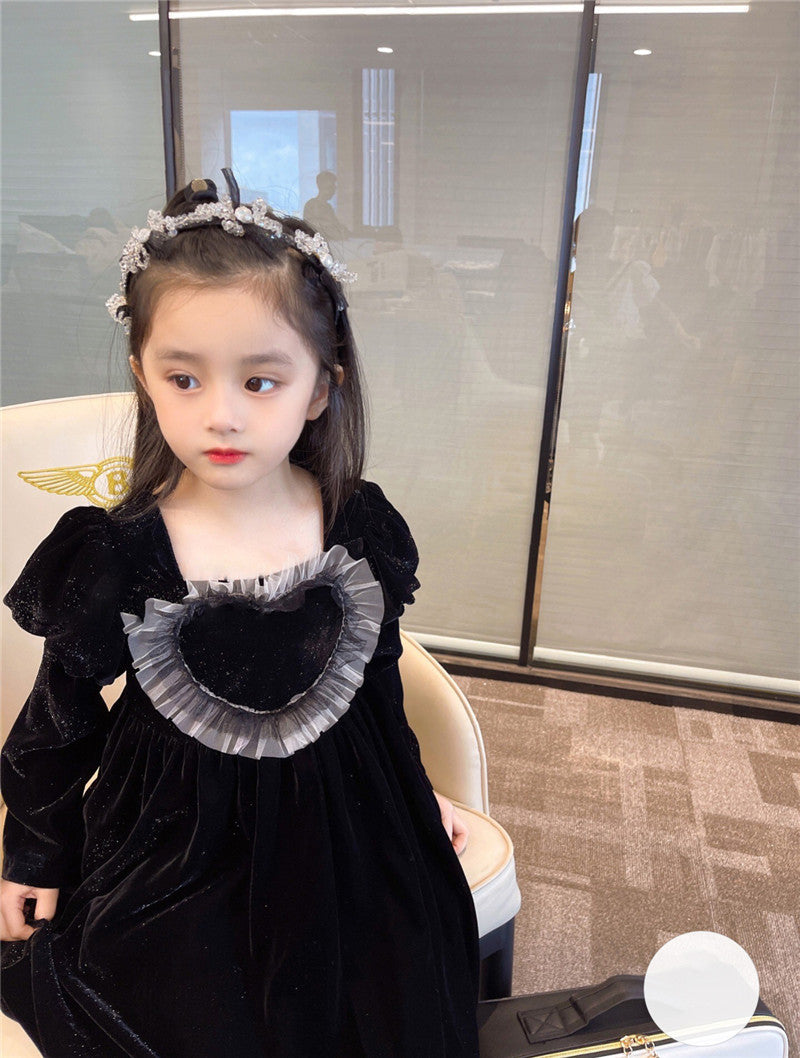 Baby Girls Heart Shape Ruffle Square Neck Long Sleeved Black Princess Dress