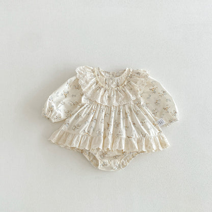 Spring Arrival Baby Girls Long Sleeves Floral Pattern Lace Trim Bodysuit, MyKids-USA®, Bodysuits, MyKids-USA - Size/Age - 66 (3-6M) - Color - Beige -  -  - TR2603011708-A.