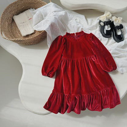 Winter New Arrival: Thick Velvet Girls’ Dress – Warm Costume For Children, Red Princess Dress