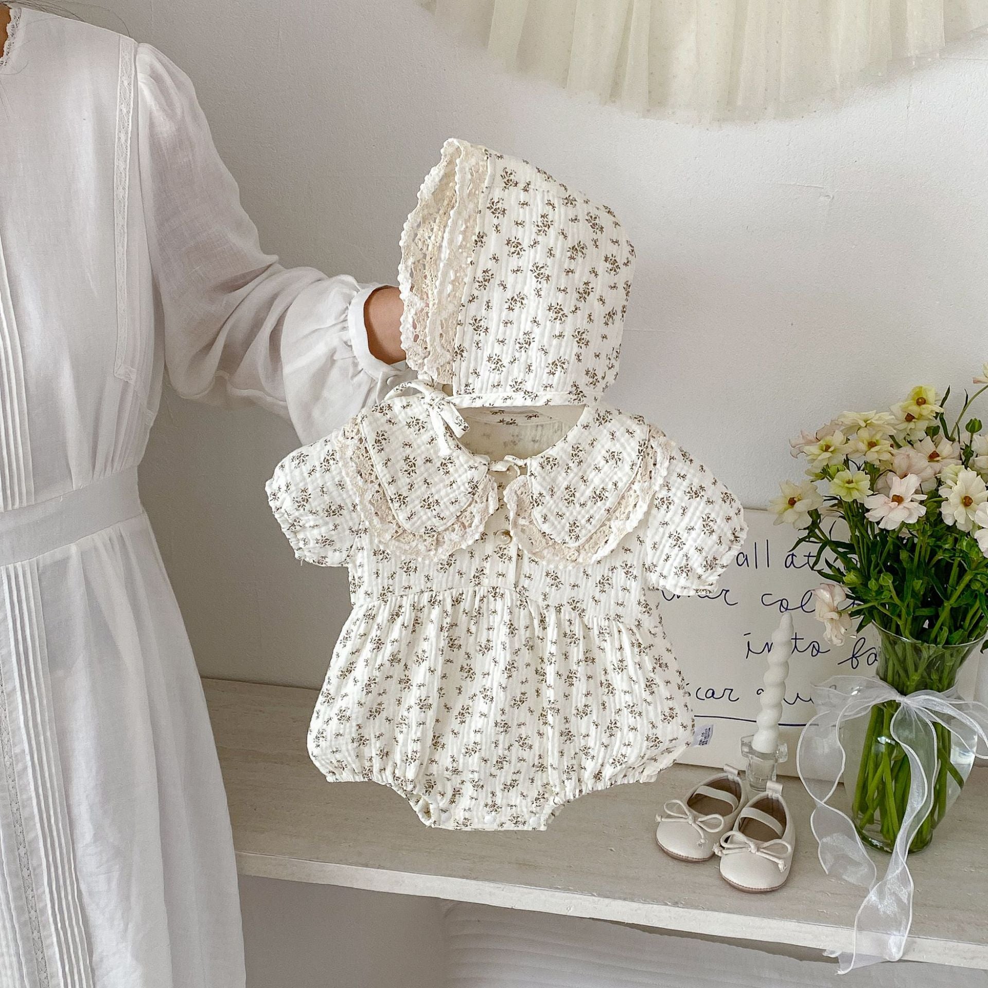 Summer Arrival Baby Girls Short Sleeves Flowers Pattern Vintage Bodysuit with Hat, MyKids-USA®, Baby & Children's One-Pieces, MyKids-USA -  -  -  -  -  -  - .