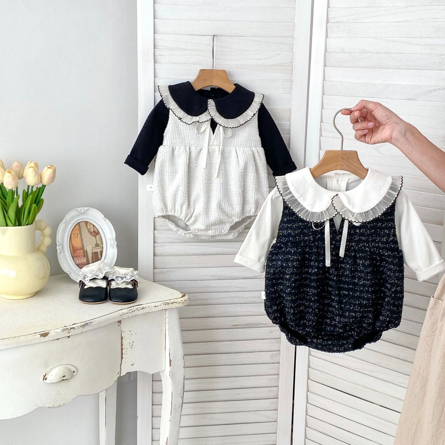 Arrival Spring Girls Long Sleeves Lace-trim Turn-down Collar Top and Sleeveless Onesies Set Clothing Set, MyKids-USA®, Baby One-Pieces, MyKids-USA -  -  -  -  -  -  - 