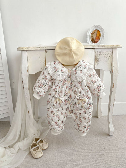 Infant Baby Girl Floral Combo Laces Warm Thicken Long Sleeve Jumpsuit