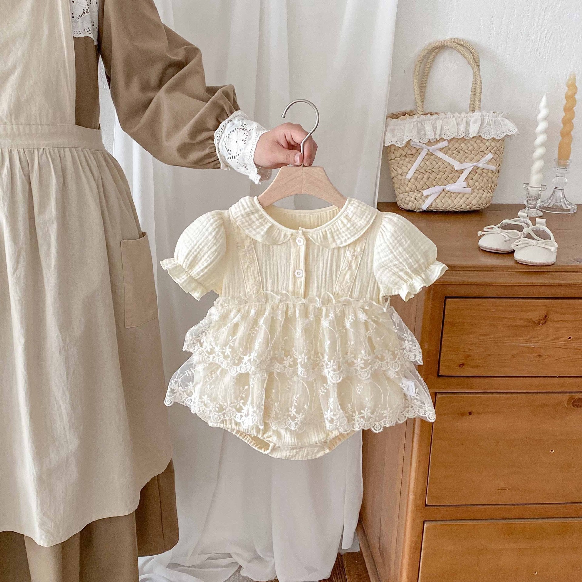 Summer Arrival Baby Girls Cute Solid Color Floral Embroidery Tulle Patchwork Short Sleeves Dress Design Onesies, MyKids-USA®, Baby One-Pieces, MyKids-USA - Size/Age - 66 (3-6M) - Color - Apricot -  -  - TR2505132103-A