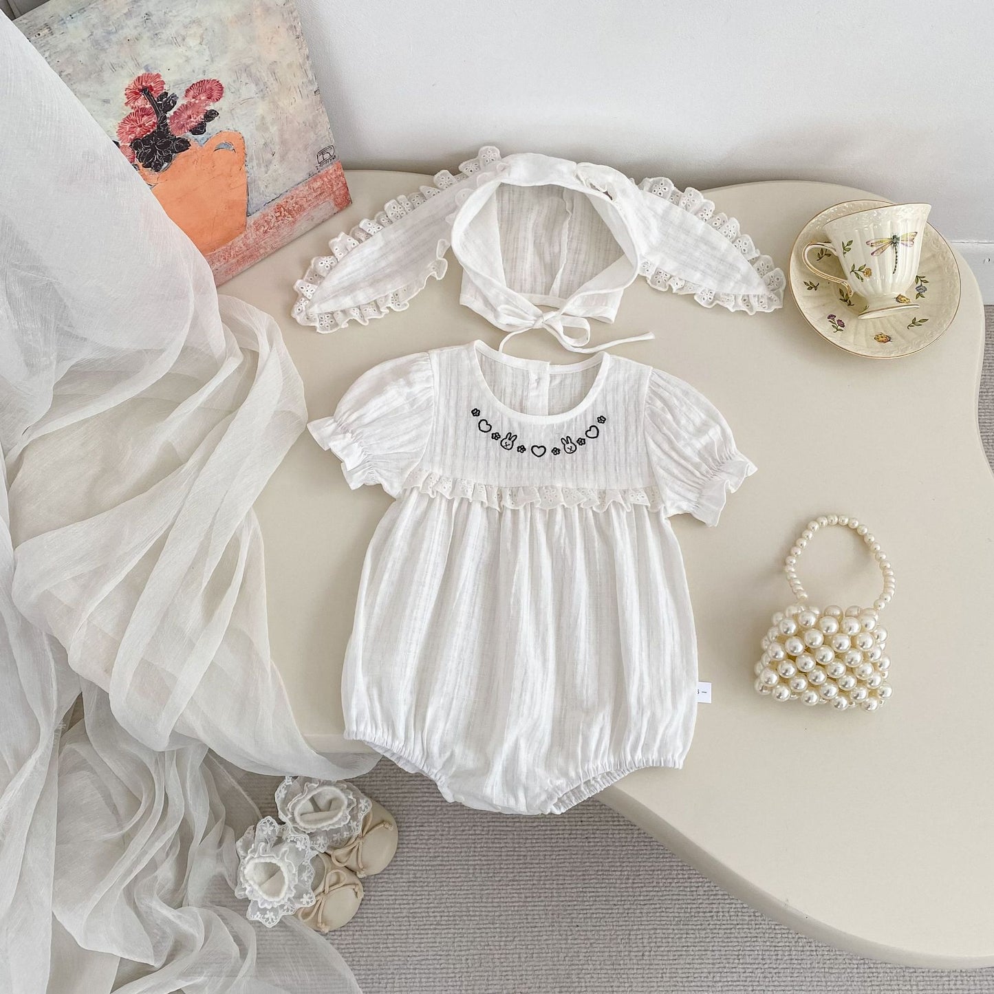 Summer Arrival Baby Girls Short Sleeves Embroidered Pattern Bodysuit with Hat, MyKids-USA®, Baby & Children's One-Pieces, MyKids-USA -  -  -  -  -  -  - .