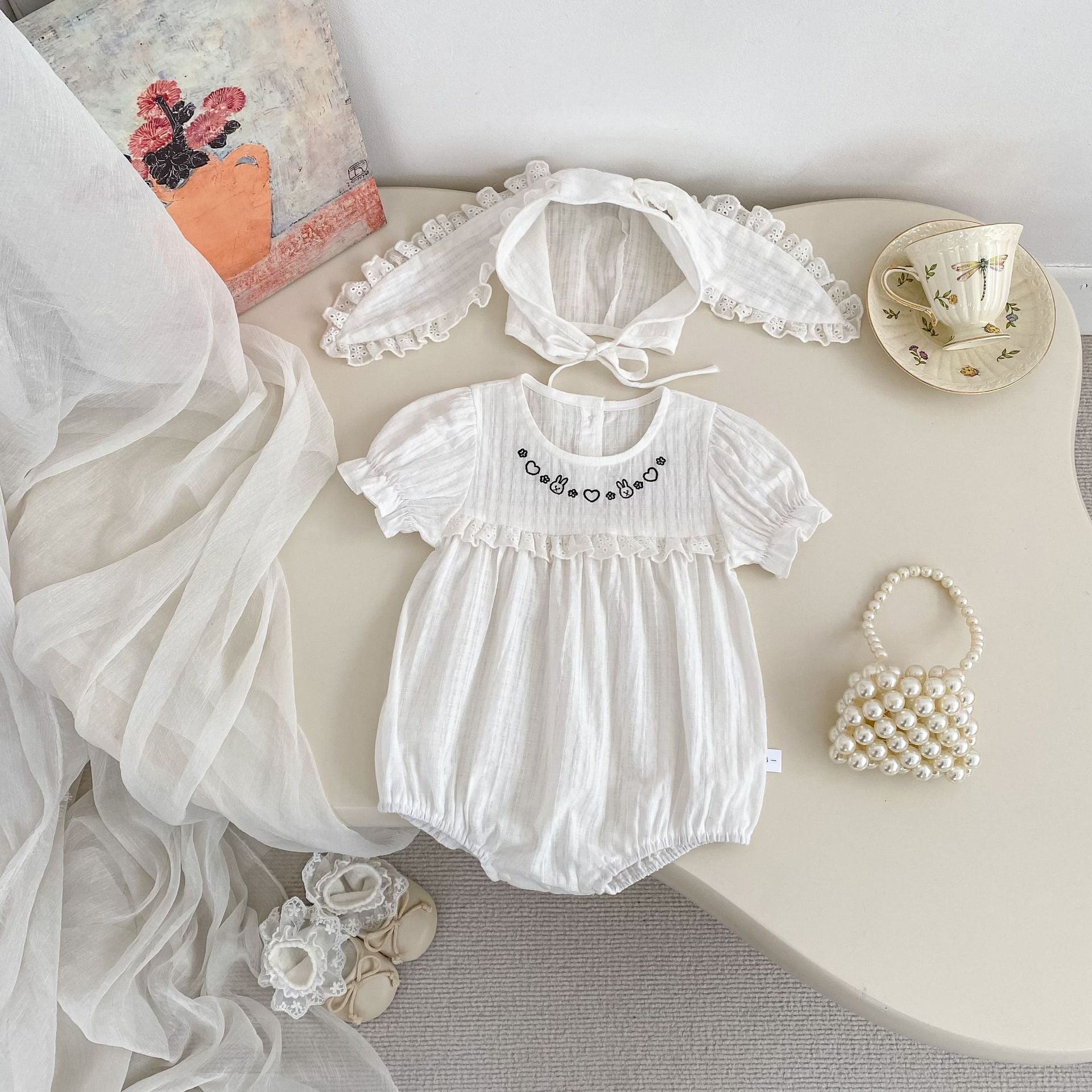 Summer Arrival Baby Girls Short Sleeves Embroidered Pattern Bodysuit with Hat, MyKids-USA®, Baby & Children's One-Pieces, MyKids-USA -  -  -  -  -  -  - .