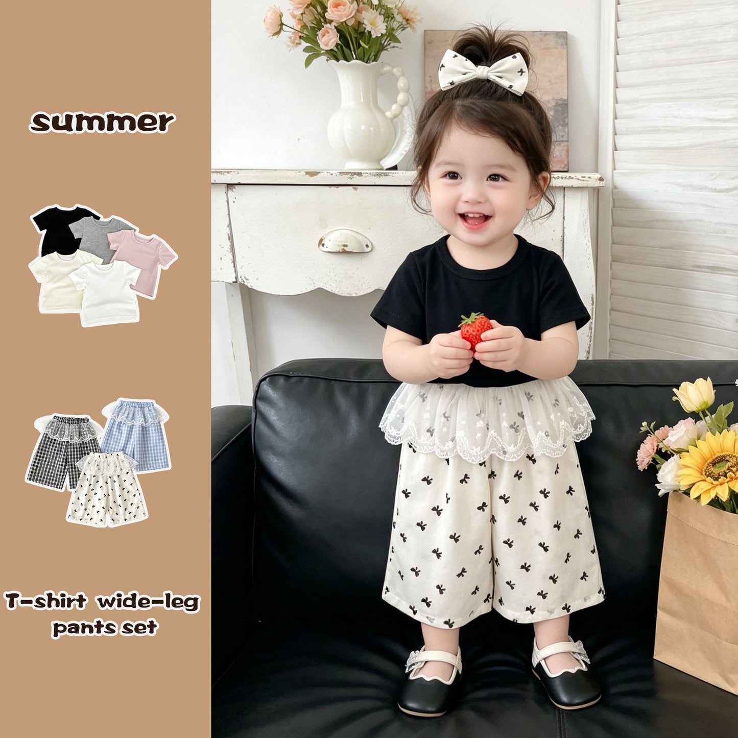 Arrival Baby Kids Girls Casual Lace Trim Plaid Pants and Solid Color T-shirt