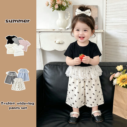 Arrival Baby Kids Girls Casual Lace Trim Plaid Pants and Solid Color T-shirt