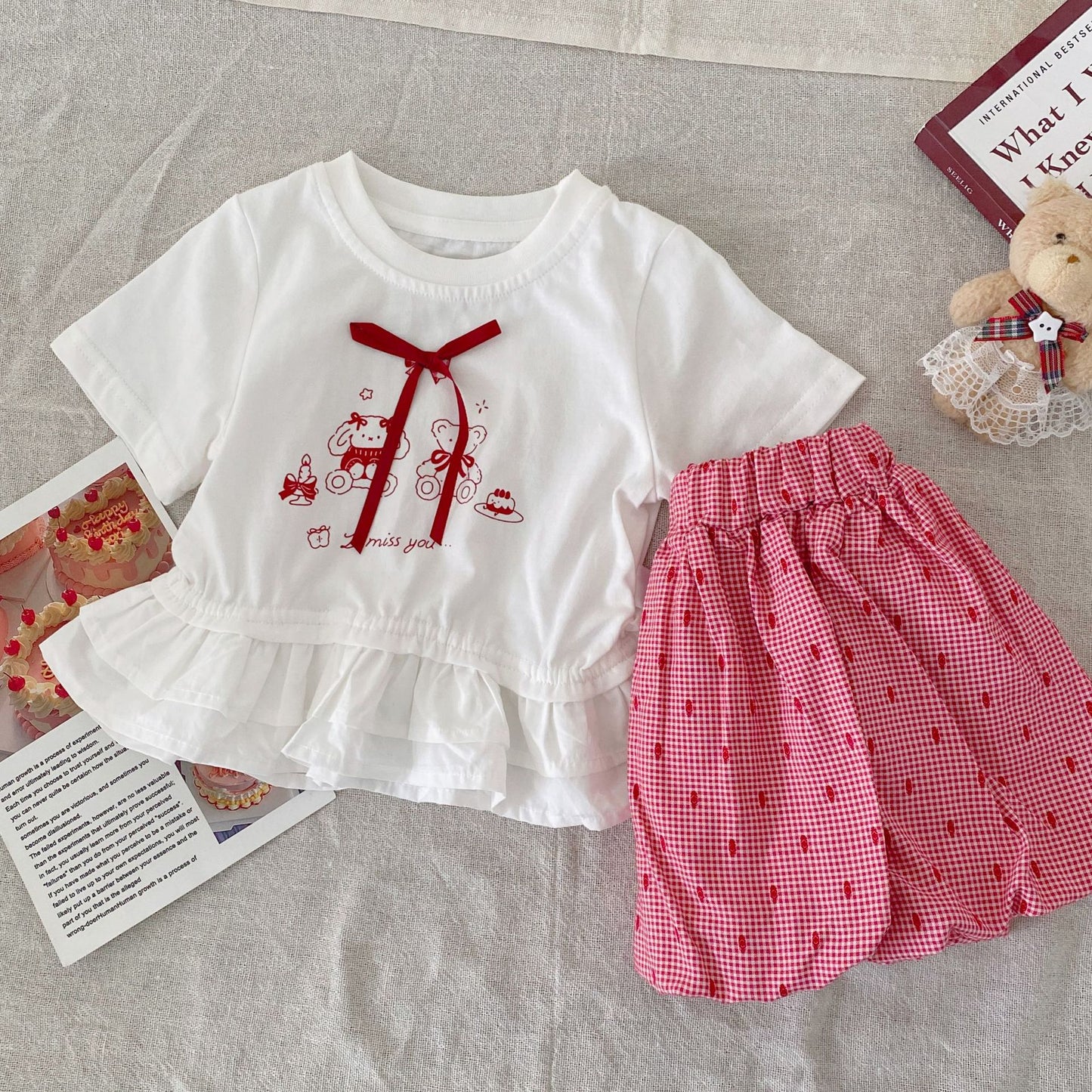 Summer Arrival Baby Girls Short Sleeves Cartoon and Letters Pattern Top and Plaid Shorts Clothing Set, MyKids-USA®, Baby & Children's Outfits, MyKids-USA - Size/Age - 80 (9-12M) - Color - Red -  -  - TR2605012136-A.