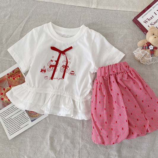 Summer Arrival Baby Girls Short Sleeves Cartoon and Letters Pattern Top and Plaid Shorts Clothing Set